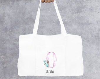 Personalized Watercolor Pink Initial/Name Large Tote Bag with 5" Gusset