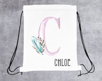 Personalized Watercolor Pink Initial/Name Drawstring Backpack