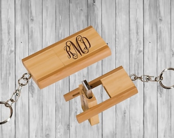 Personalized Laser Engraved 8gb USB Flash Drive Keychain - 2 Tone Bamboo