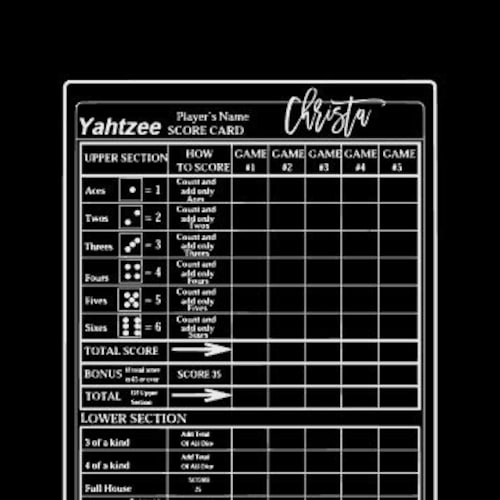 Personalized Acrylic Yahtzee Score Card Reusable/dry Erase Etsy