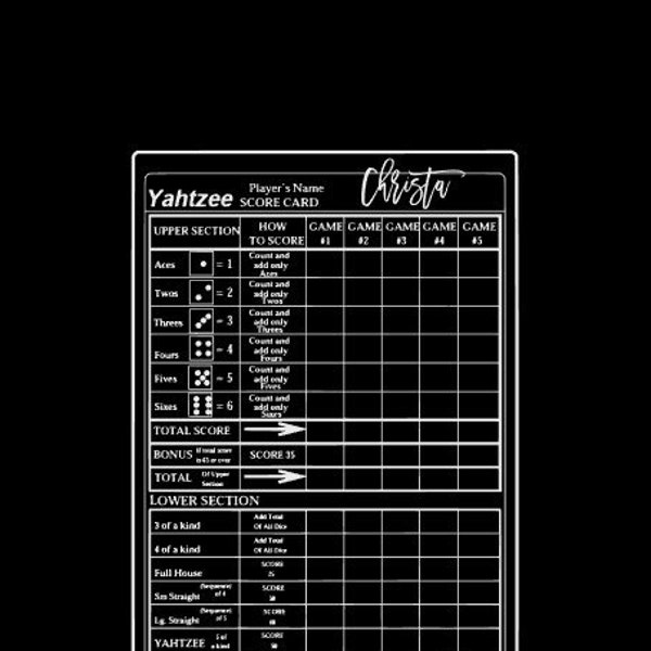Personalized Acrylic Yahtzee Score Card - Reusable/Dry Erase