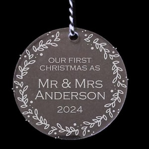 Laser Engraved Acrylic Ornament &quot;Our First Christmas as Mr & Mrs&quot;  - 3&quot; Round