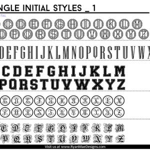 以下が含まれることがあります： 1文字のイニシャルの異なるスタイルを示すチャート。スタイルには、メダル、フォール、ステッチ、ファンシー、ゴシックがあります。各スタイルは、AからZまでのアルファベットで示されています。