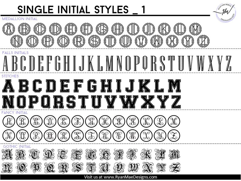 以下が含まれることがあります： 1文字のイニシャルの異なるスタイルを示すチャート。スタイルには、メダル、フォール、ステッチ、ファンシー、ゴシックがあります。各スタイルは、AからZまでのアルファベットで示されています。