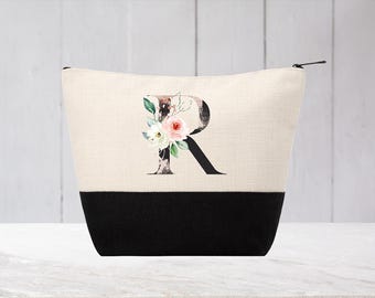 Personalized Initial/Name Makeup Linen Cosmetic Bag - Rustic Rose