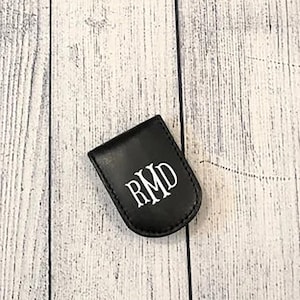 Personalized Black Leather Money Clip - Magnetic