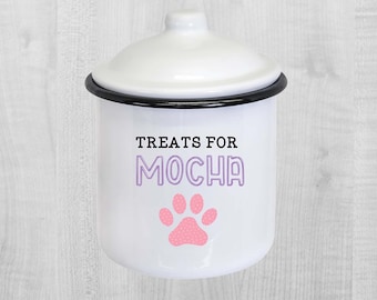 Personalized Enamel Pet Treat Canister with lid - Paw Prints Tinted