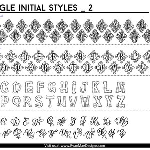 以下が含まれることがあります： 単一のイニシャル文字の異なるスタイルを示す白黒の画像。スタイルには、美しい、エレガント、落書き、ハートが含まれます。画像には「SINGLE INITIAL STYLES_ 2」というテキストが含まれています。