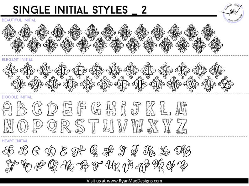 以下が含まれることがあります： 単一のイニシャル文字の異なるスタイルを示す白黒の画像。スタイルには、美しい、エレガント、落書き、ハートが含まれます。画像には「SINGLE INITIAL STYLES_ 2」というテキストが含まれています。