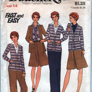 May include: A vintage sewing pattern for a blazer with a striped design. The pattern is from Butterick and is size 14. The pattern is labeled "Fast and Easy" and is for moderate stretch knits only. The pattern number is 3860.