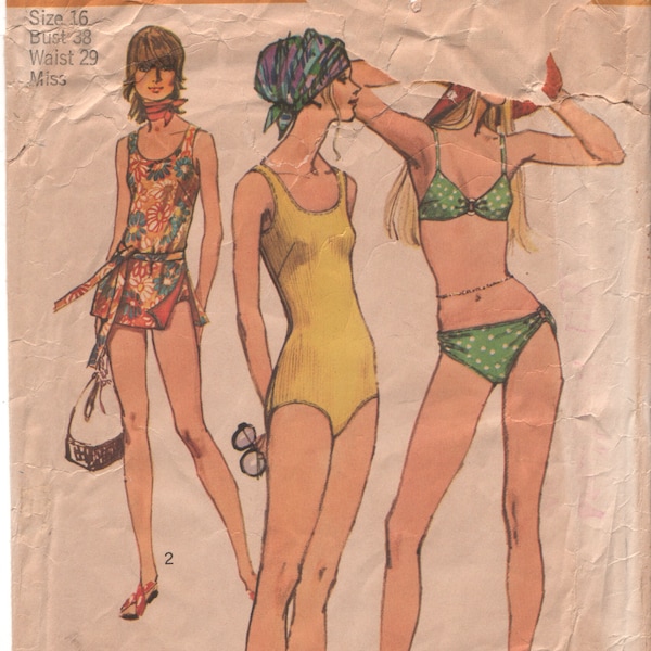 Simplicity 9321 sz 16 Misses' Swimsuit and Wrap Skirt from 1971 UNCUT