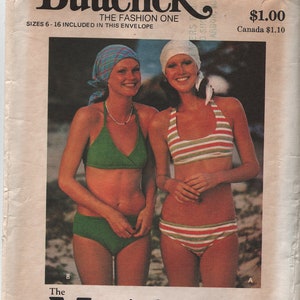 May include: A vintage sewing pattern for a swimsuit called "Multi-kini". The pattern is for sizes 6-16 and includes two models wearing the swimsuit in different colors and styles. The pattern is from Butterick and is number 3686.