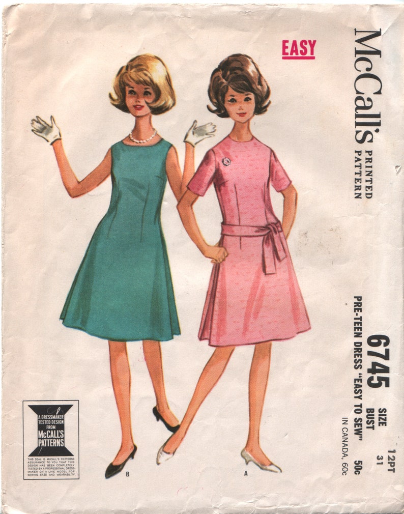 McCall's 6745 Pre-Teen sz 12 Shift Dress 1963 Complete image 1