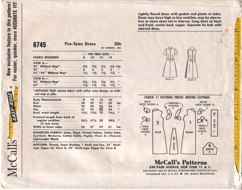 McCall's 6745 Pre-Teen sz 12 Shift Dress 1963 Complete image 2