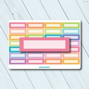 May include: A sticker sheet with rectangular labels in various pastel colors, including pink, orange, yellow, green, blue, and purple. A larger pink label is layered on top. The text "plannermint" is at the bottom.