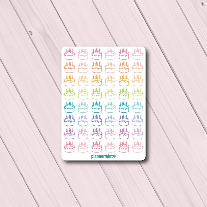 May include: A sticker sheet featuring a grid of colorful birthday cake illustrations. Each cake is outlined in a rainbow gradient and has lit candles. The text "plannermint" is at the bottom.
