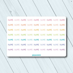 Op de afbeelding: Een rechthoekige sticker met het woord "exam" herhaald in een handschriftstijl. Het woord is geschreven in een regenboog van kleuren, waaronder roze, oranje, geel, groen, blauw en paars. De merknaam "plannermint" staat onderaan.
