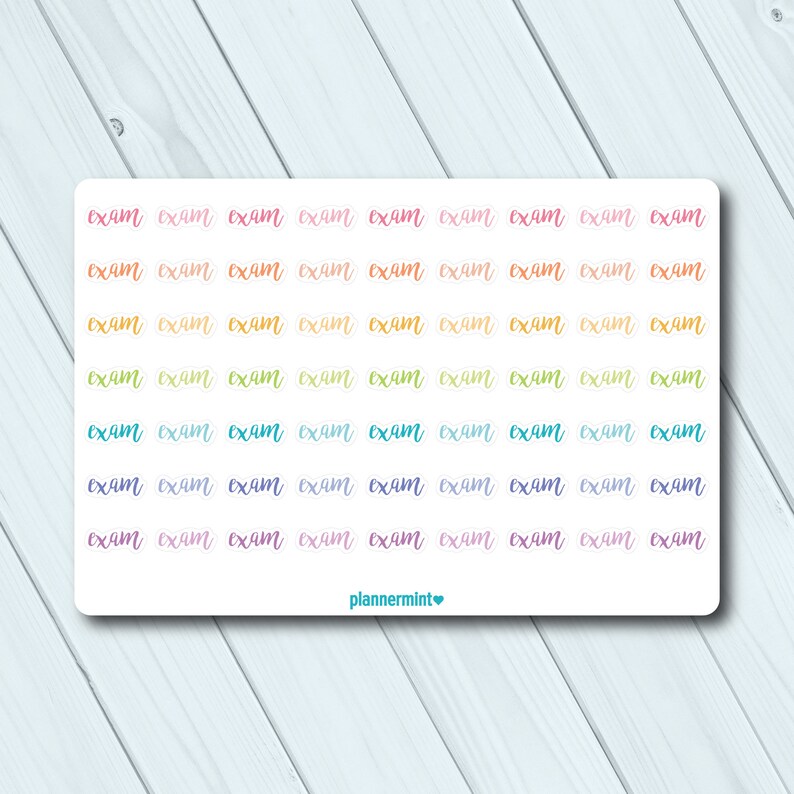 Op de afbeelding: Een rechthoekige sticker met het woord "exam" herhaald in een handschriftstijl. Het woord is geschreven in een regenboog van kleuren, waaronder roze, oranje, geel, groen, blauw en paars. De merknaam "plannermint" staat onderaan.