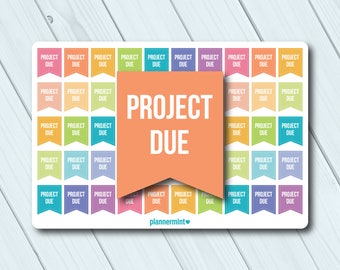 May include: A sheet of planner stickers with a white background and a variety of colorful flag-shaped stickers. Each flag says "PROJECT DUE" in white text. A large orange flag in the center also says "PROJECT DUE". The brand name "plannermint" is at the bottom.