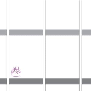 May include: A purple line art illustration of a birthday cake with lit candles. The cake has a wavy base and is decorated with several candles. The image is set against a white background with gray horizontal and vertical lines.