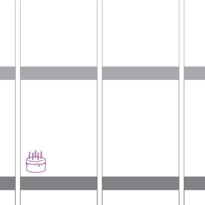 May include: A purple line art illustration of a birthday cake with lit candles. The cake has a wavy base and is decorated with several candles. The image is set against a white background with gray horizontal and vertical lines.