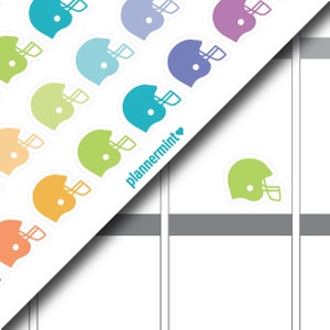 May include: A sheet of colourful American football helmet stickers in shades of orange, green, blue, and purple. The stickers are arranged on a white background with the text "plannermint" in teal.