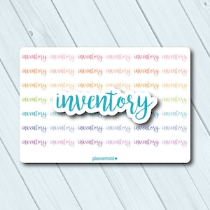May include: A white sticker with the word "inventory" in a teal script font, overlaid on a background of the word "inventory" in a rainbow of colors. The sticker has rounded corners and the text "plannermint" at the bottom.
