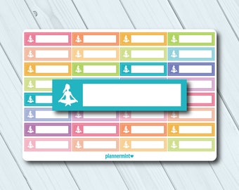 May include: A sheet of planner stickers with a white background and a variety of colorful rectangular boxes. Each box has a white silhouette of a person in a yoga pose. A larger teal box with a white silhouette and blank space is also present.
