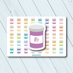 May include: Sheet of planner stickers featuring colorful pill bottle designs. The stickers include a large purple bottle with "Rx" on it, and smaller bottles in various colors, each with "Rx" on them. The "plannermint" logo is at the bottom.