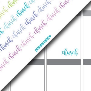 May include: White sticker sheet with the word "church" in a cursive, multi-colored font. The stickers are arranged diagonally across the image. The brand name "plannermint" is also visible.