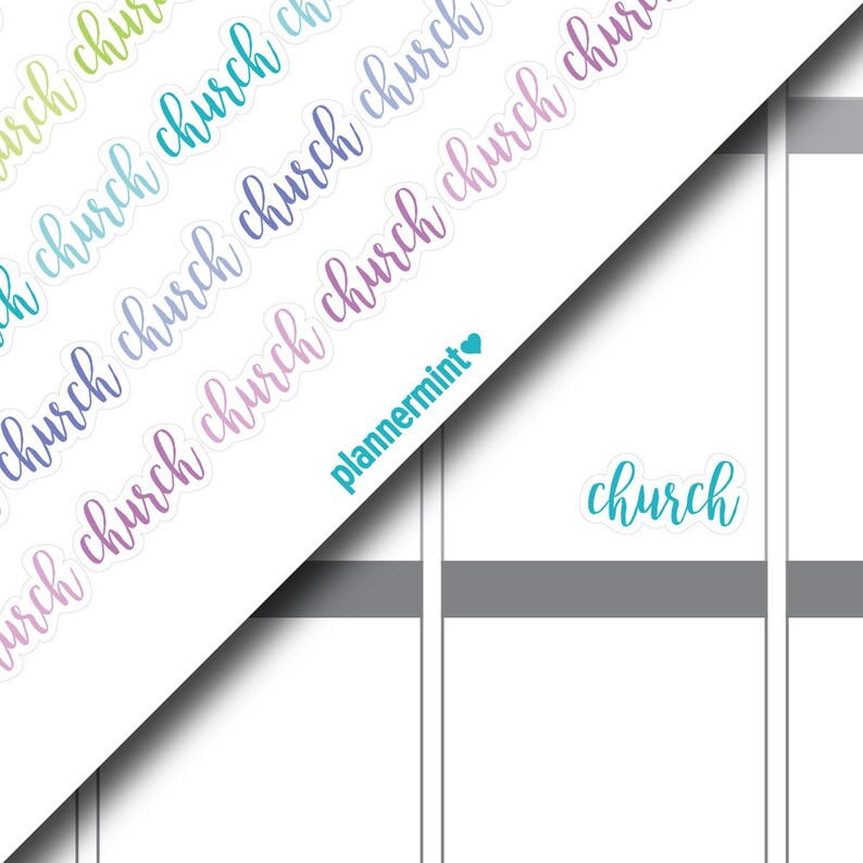 May include: White sticker sheet with the word "church" in a cursive, multi-colored font. The stickers are arranged diagonally across the image. The brand name "plannermint" is also visible.