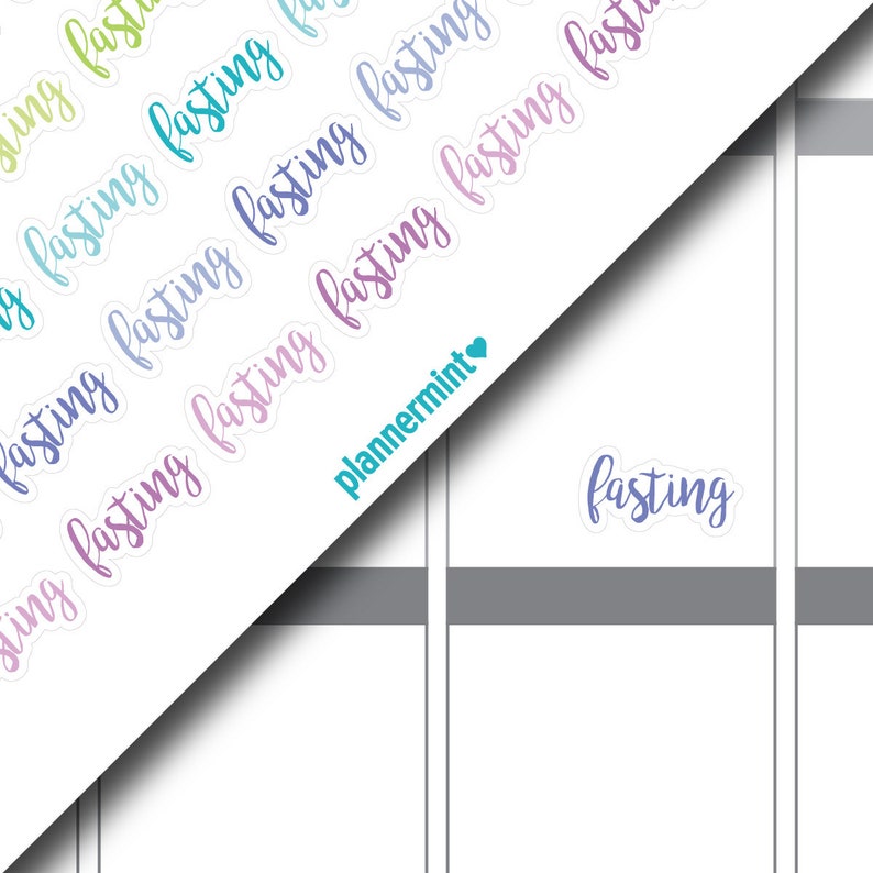 May include: A sheet of colorful "Fasting" stickers in a variety of pastel colors, including blue, purple, and green. The stickers are in a cursive font and have a white border. The brand name "plannermint" is also visible.