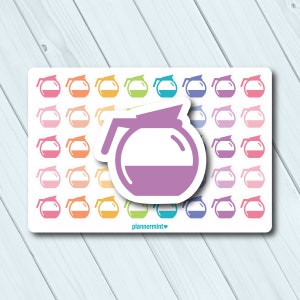 May include: Sheet of planner stickers featuring a coffee pot design. The stickers are in various colors, including pink, orange, yellow, green, blue, and purple. The main sticker is a large purple coffee pot with a white interior. The text "plannermint" is at the bottom.