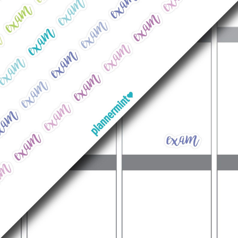 Op de afbeelding: Witte stickers met het woord "exam" in een kleurrijk scriptlettertype. De stickers zijn diagonaal gerangschikt. De merknaam "plannermint" is ook zichtbaar.