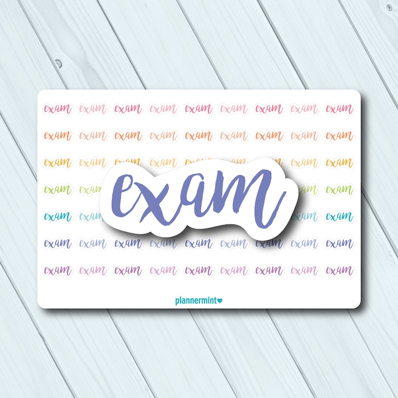 Op de afbeelding: Een stickervel met het woord "exam" in een handgeschreven lettertype. Het woord "exam" wordt herhaald in een regenboogpatroon. Een grotere, blauwe "exam"-sticker staat in het midden. De merknaam "plannermint" staat onderaan.