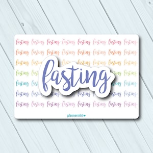 May include: A sticker sheet with a white background and the word "fasting" repeated in a rainbow of colors. A larger, blue-purple "fasting" sticker is centered on the sheet. The text "plannermint" is at the bottom.