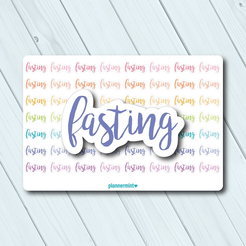 May include: A sticker sheet with a white background and the word "fasting" repeated in a rainbow of colors. A larger, blue-purple "fasting" sticker is centered on the sheet. The text "plannermint" is at the bottom.