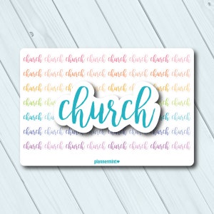 May include: A rectangular sticker with the word "church" in a teal script font, overlaid on a background of the word "church" repeated in a rainbow of colors. The sticker has the text "plannermint" at the bottom.