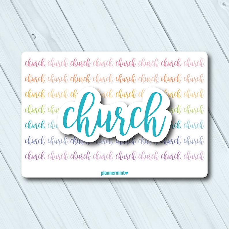 May include: A rectangular sticker with the word "church" in a teal script font, overlaid on a background of the word "church" repeated in a rainbow of colors. The sticker has the text "plannermint" at the bottom.