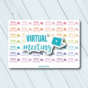 Puede incluir: Una hoja de pegatinas con fondo blanco con las palabras "VIRTUAL meeting" en varios colores y fuentes. Se incluye un gráfico de portátil turquesa con un corazón. La marca "plannermint" está en la parte inferior.