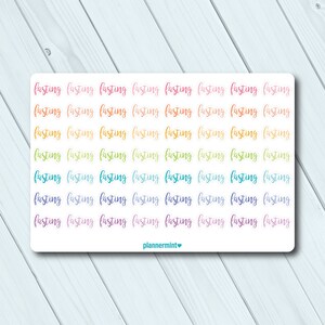 May include: A sheet of colorful stickers with the word "fasting" repeated in a handwritten style. The stickers are in various colors, including pink, orange, yellow, green, blue, and purple. The brand name "plannermint" is at the bottom.
