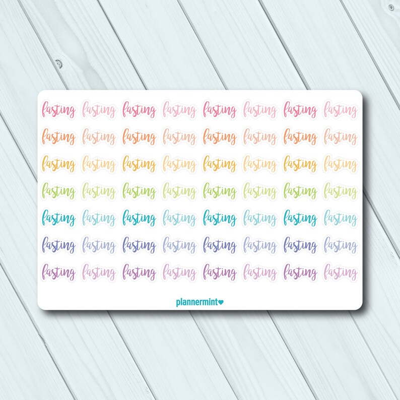 May include: A sheet of colorful stickers with the word "fasting" repeated in a handwritten style. The stickers are in various colors, including pink, orange, yellow, green, blue, and purple. The brand name "plannermint" is at the bottom.