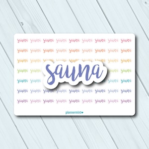 May include: A sticker sheet with the word "sauna" repeated in a rainbow of colors. A larger, blue-purple "Sauna" sticker is in the center. The text "plannermint" is at the bottom.