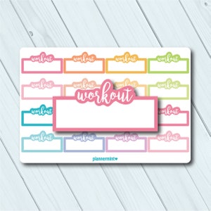 May include: A sheet of colorful planner stickers with the word "workout" in various colors. The stickers are rectangular with a white space for writing. The word "workout" is written in a cursive font.