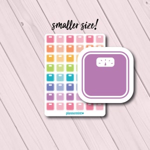 May include: A sheet of colorful planner stickers featuring small scales in a rainbow of colors, with a larger purple scale sticker. The text "smaller size!" is above the stickers. The planner stickers are from "plannermint".