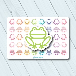 May include: A sheet of stickers featuring a large green frog outline and numerous smaller frog outlines in a rainbow of colors. The stickers are on a white background, with the text "plannermint" at the bottom.