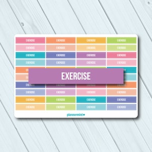 May include: A sticker sheet with the word "EXERCISE" in a large purple rectangle. The sheet is filled with small rectangles in various colors, each with the word "EXERCISE" printed on them. The sticker sheet has a white border and the "plannermint" logo.