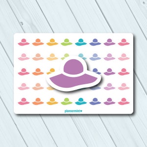 May include: A sheet of planner stickers with sun hats in shades of pink, orange, yellow, green, blue, and purple. A larger, purple sun hat sticker is in the foreground. The text "plannermint" is at the bottom.