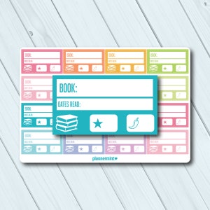 May include: A sticker sheet with colorful rectangular boxes for book tracking. Each box has space for the book title, dates read, and icons of a book stack, star, and chili pepper. The text "BOOK:" and "DATES READ:" are included.