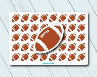 May include: A sheet of stickers with brown and white football designs. The stickers are on a white background, with a larger football sticker overlapping the others. The text "plannermint" is at the bottom.